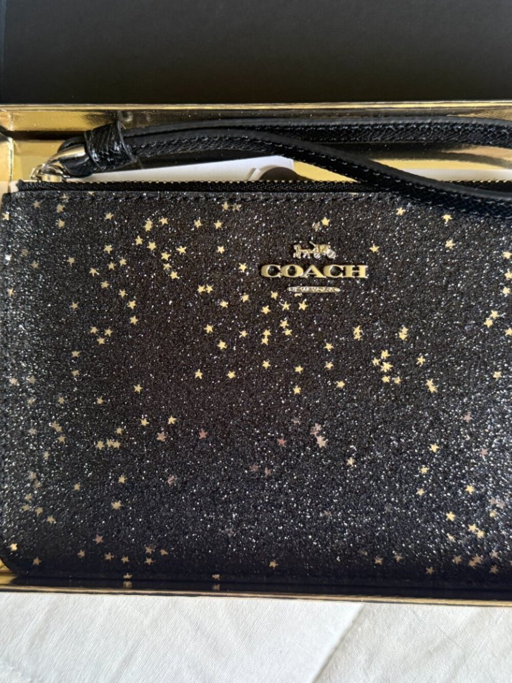 Coach Star Glitter Small Wristlet Black Silver NWOT Box 22529JAX